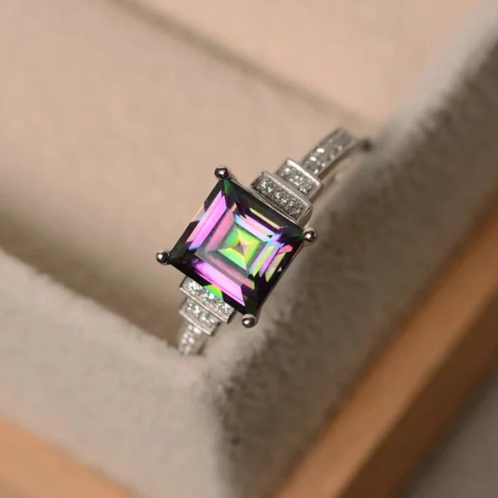 Vintage Square Colorful Gem Princess Retro Thin Silver Ring for Women, VIP070 - Picture 2 of 4
